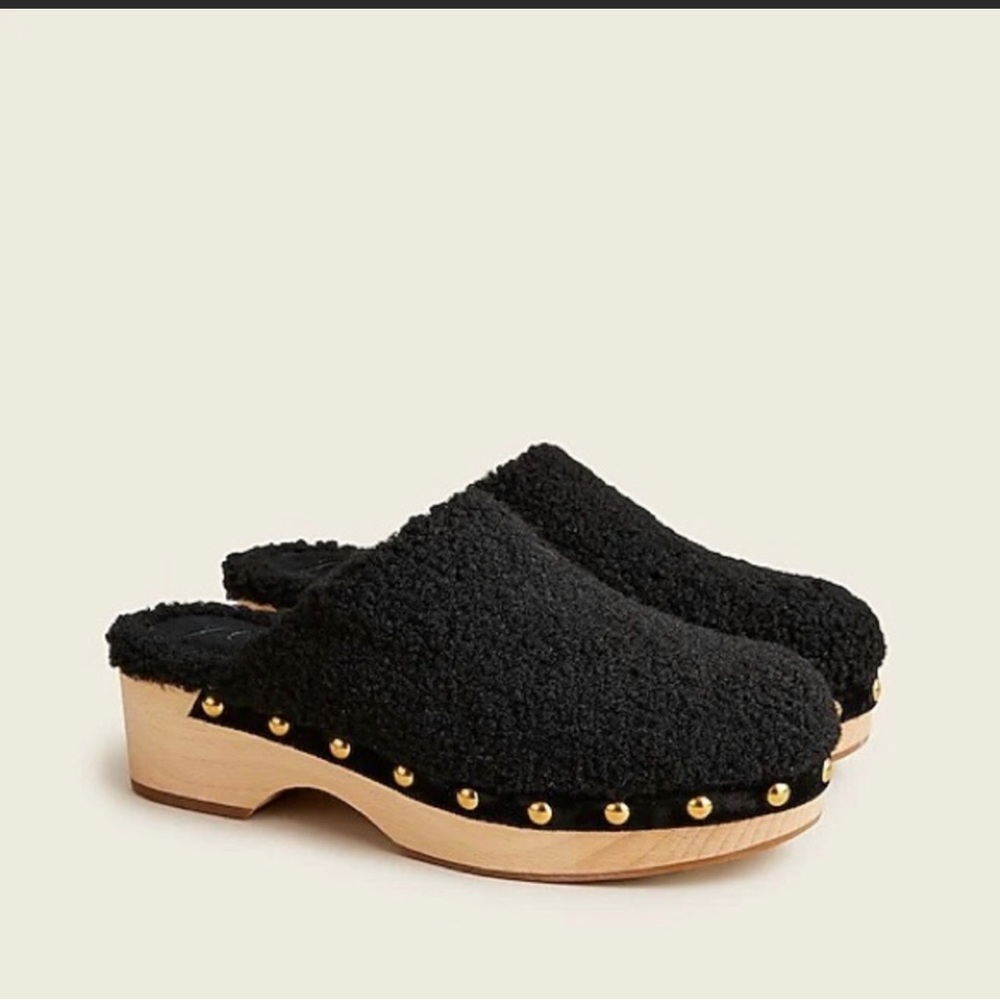 J. Crew Black Sherpa Clogs with Wood Platform & Gold Studs